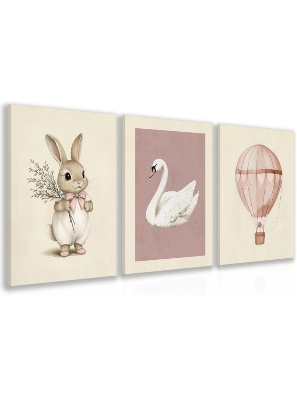 Cute Pink Bunny Nursery Wall Art Set of 3 - Wrapped Canvas Decor, 16x24 in